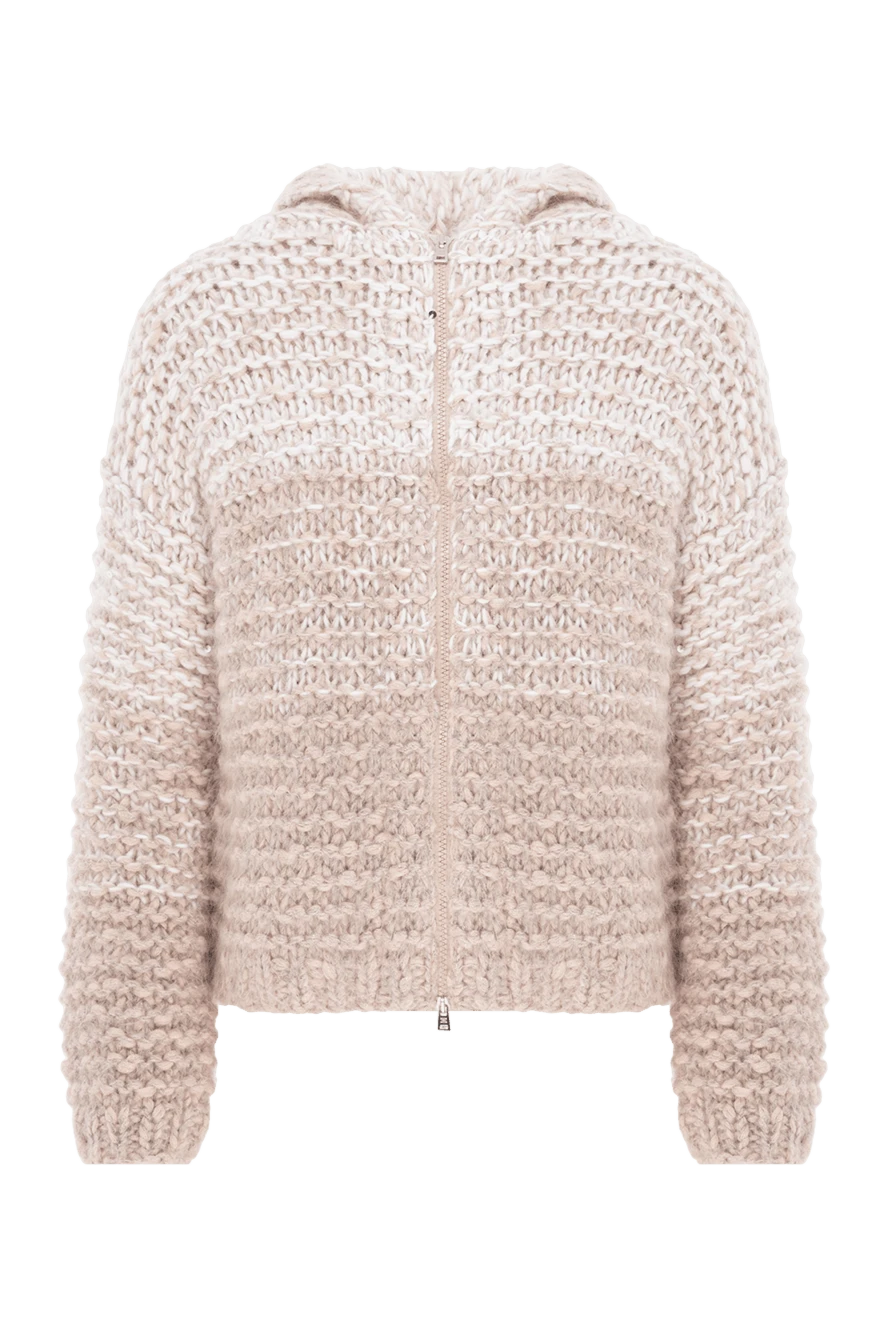 Panicale Light beige womens knitted zip-up cardigan with a hood and fur - zipper. sewn fur hood, textured knitwear. 48% wool, 26% mohair, 16% polyamide, 10% cashmere. Country of manufacture: Italy. Care: specialized cleaning - photo 1