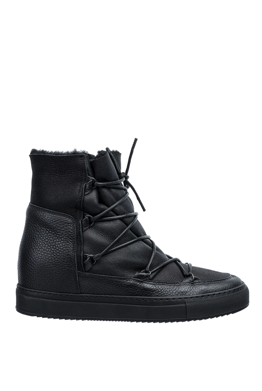 Doucal`s Women's black leather boots with black fur and laces - black fur. genuine leather, fur. Sole height: 2 centimeters. lacing. Country of manufacture: Italy. Care: specialized cleaning - photo 1