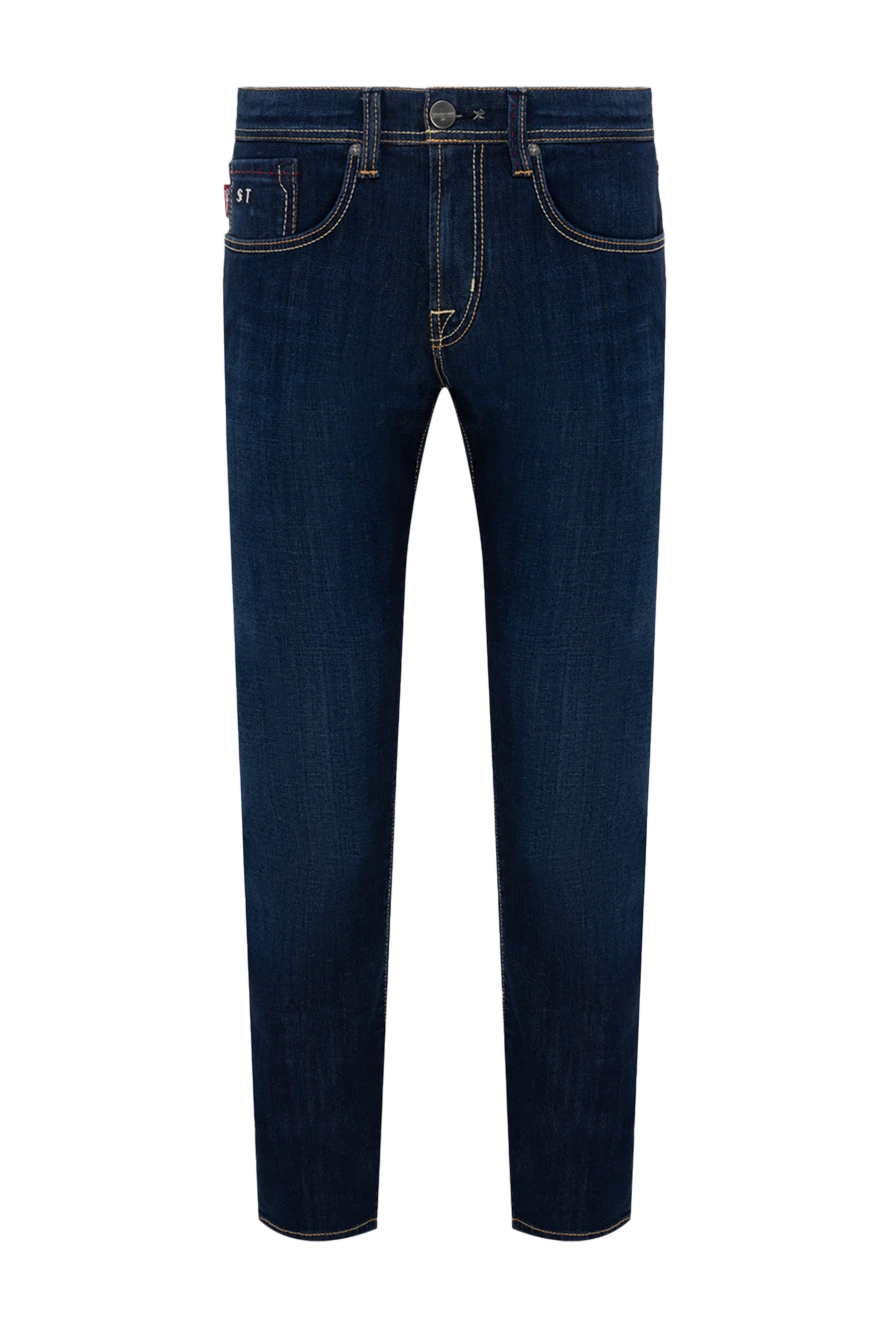 Tramarossa Blue cotton jeans for men - logo, contrast stitching, worn effect. 98% cotton, 2% elastane. Closure: button, zipper. Three side pockets, two back pockets. Country of manufacture: Italy. Care: specialized cleaning - photo 1