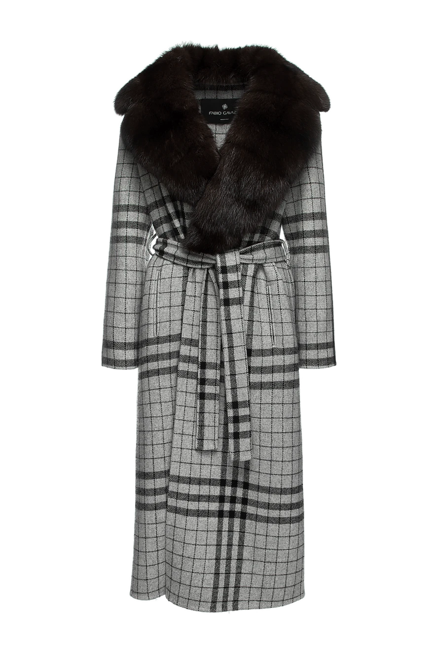 Fabio Gavazzi Gray sable and cashmere coat for women - check pattern, fur collar. cashmere, sable. belt. two side pockets. Country of manufacture: Italy. Care: specialized cleaning - photo 1