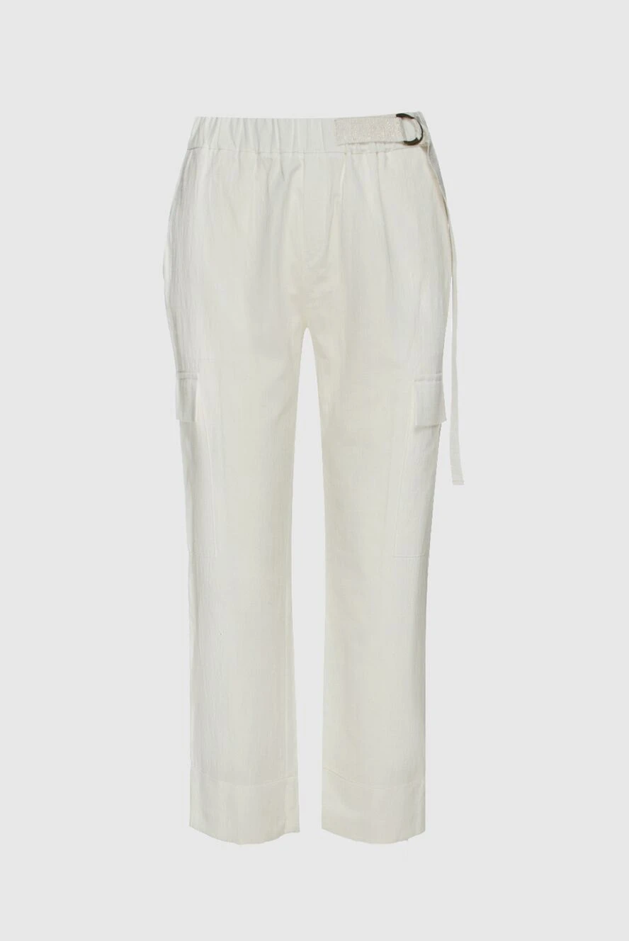 Panicale White women's trousers with buckle and large pockets - buckle. 65% cotton, 25% linen, 7% nylon, 3% elastane. elastic belt. Country of manufacture: Italy. Care: specialized cleaning - photo 1