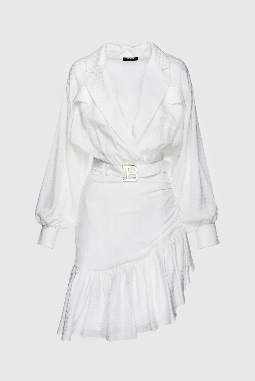 Balmain White silk dress for women - zipper, buttons, belt. ruffle, voluminous sleeves, textured fabric, logo on the buckle. 100% silk. Country of manufacture: Italy. Care: specialized cleaning - photo 1