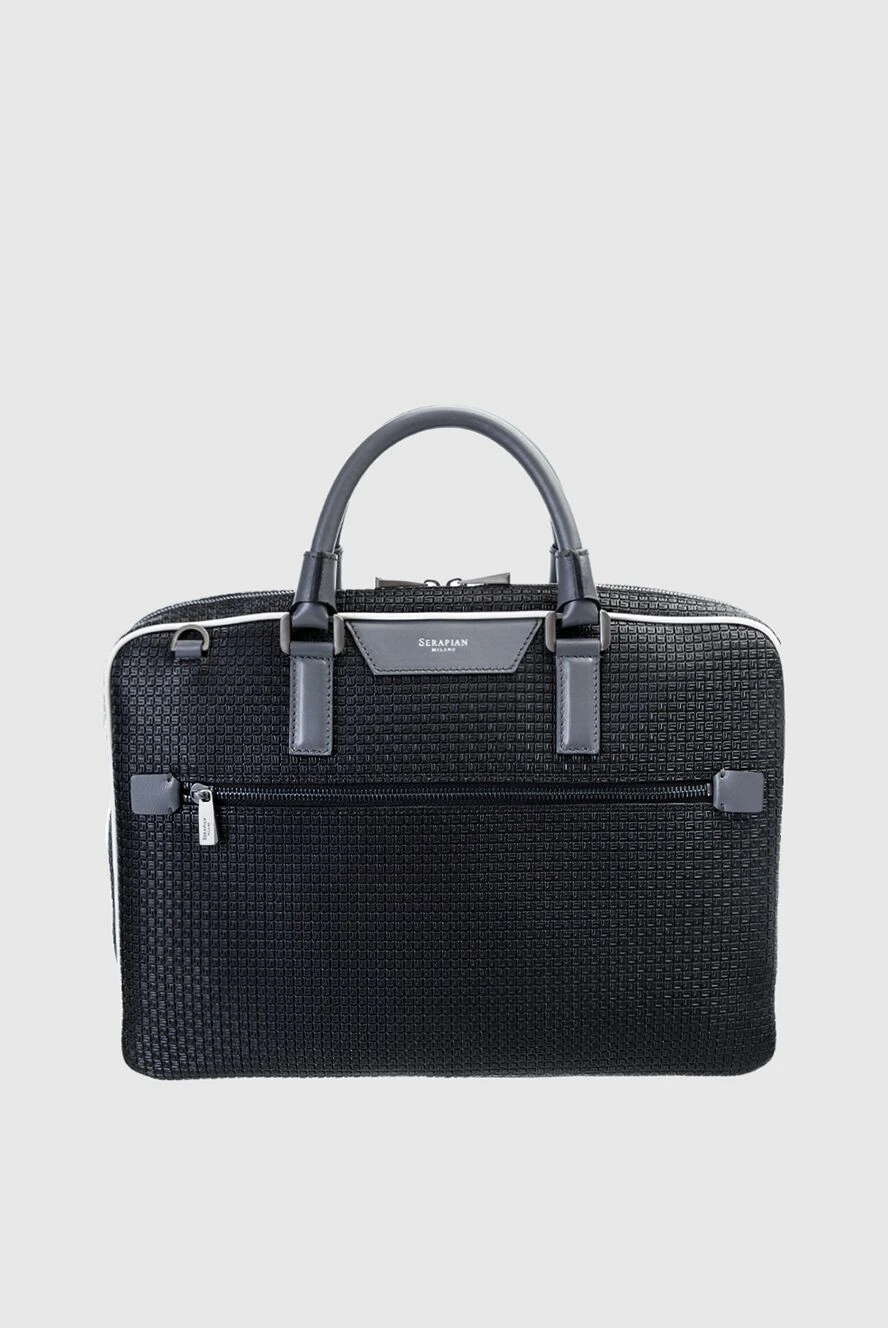 Serapian Black leather briefcase for men - textured leather, logo, contrasting leather inserts. 100% leather. side pocket. Fastener: zipper. Country of manufacture: Italy. Care: specialized cleaning - photo 1