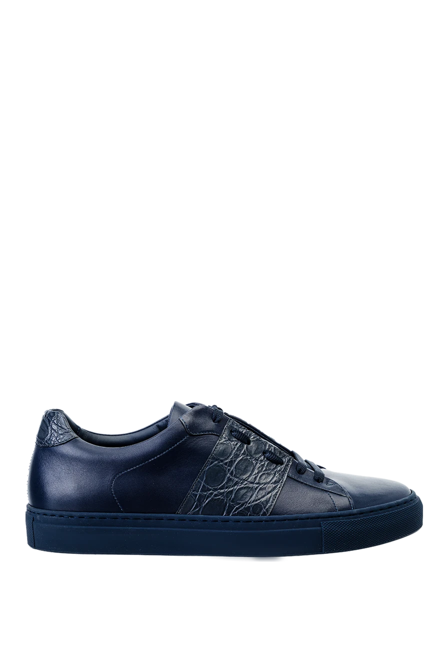 Bontoni Blue leather snickers for men - textured leather inserts. 80% genuine leather, 20% crocodile skin. lacing. sole height 2cm. Country of manufacture: Italy. Care: specialized cleaning - photo 1