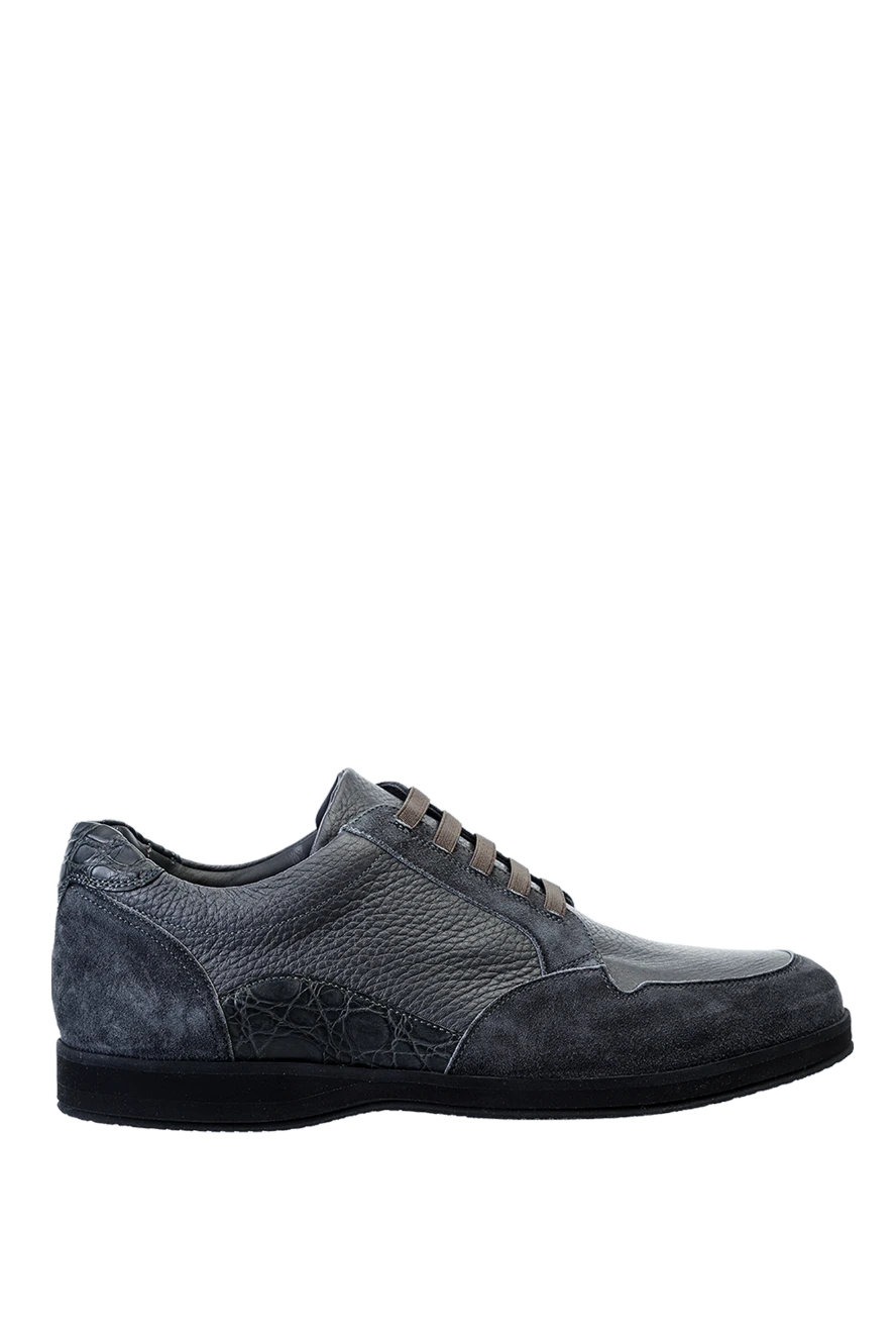 Bontoni Gray leather snickers for men - textured leather inserts, contrast sole. 70% genuine leather, 20% suede, 10% crocodile skin. lacing. sole height 2cm. Country of manufacture: Italy. Care: specialized cleaning - photo 1