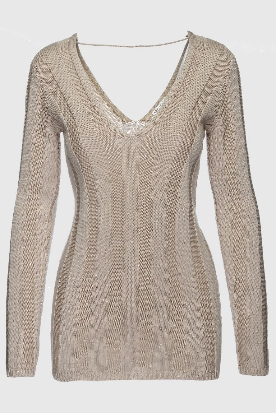 Brunello Cucinelli Beige jumper for women - V-neck, textured knitwear, contrasting stripes. 46% cotton, 40% linen, 14% silk. Country of manufacture: Italy. Care: specialized cleaning - photo 1