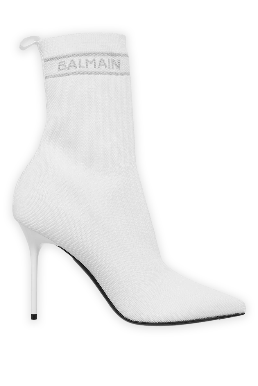 Balmain Women's white sock-style boots with a logo - boot-stocking, logo on the freebie. textile. Heel height: 10 centimeters. Country of manufacture: Italy. Care: specialized cleaning - photo 1