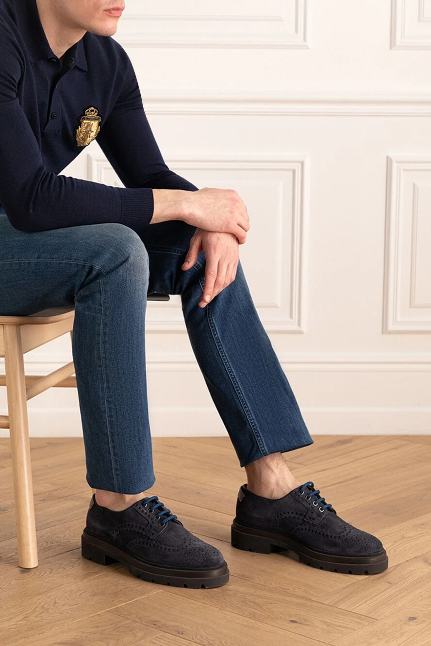 Santoni blue suede brogue derby shoes with chunky sole for men