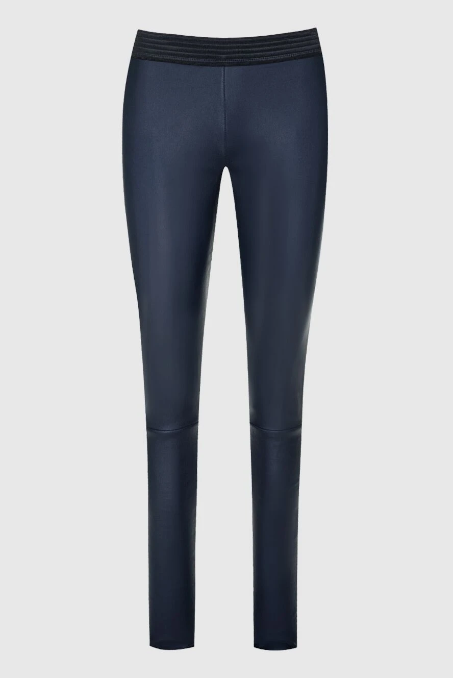 DROMe Women's leather pants in short blue with a black waistband - Decoration: contrasting elastic belt. 100% leather. elastic belt. Country of manufacture: Italy. Care: specialized cleaning - photo 1