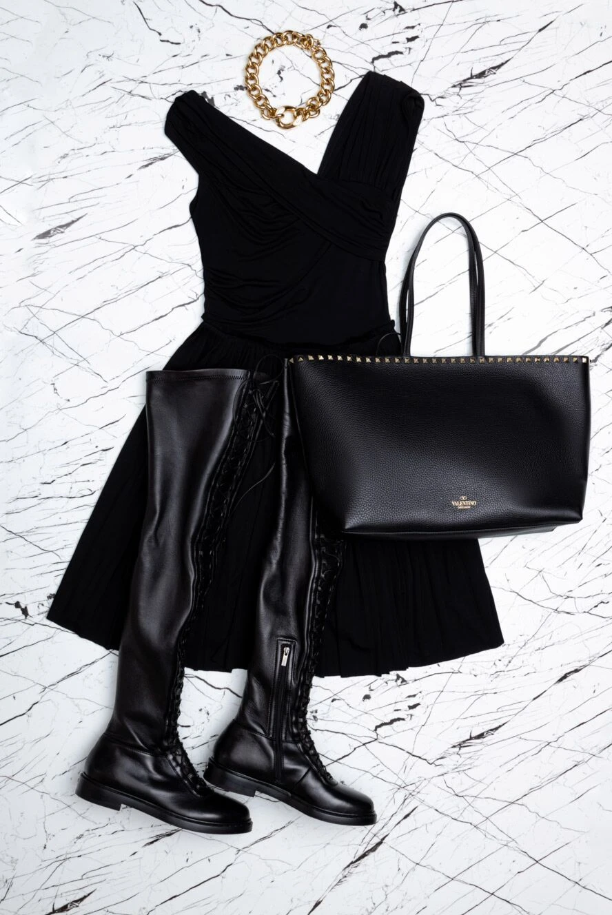 Dior black dress with short pleated skirt and asymmetrical sleeves 161612   Women evening dress | Domino Online Store Ukraine