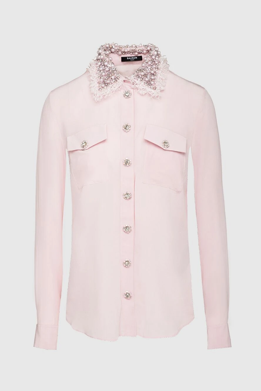 Balmain Women's silk blouse with pearls pink - Decoration: collar decorated with metal and pearls, buttons decorated with pearls. buttons. silk. Country of manufacture: Italy. Care: specialized cleaning - photo 1