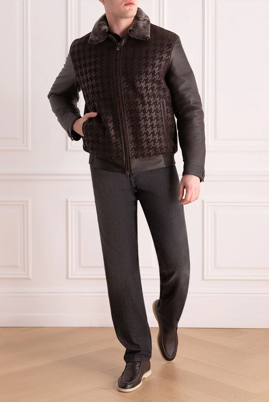 Torras mens brown leather jacket with fur collar in pied-de-poule