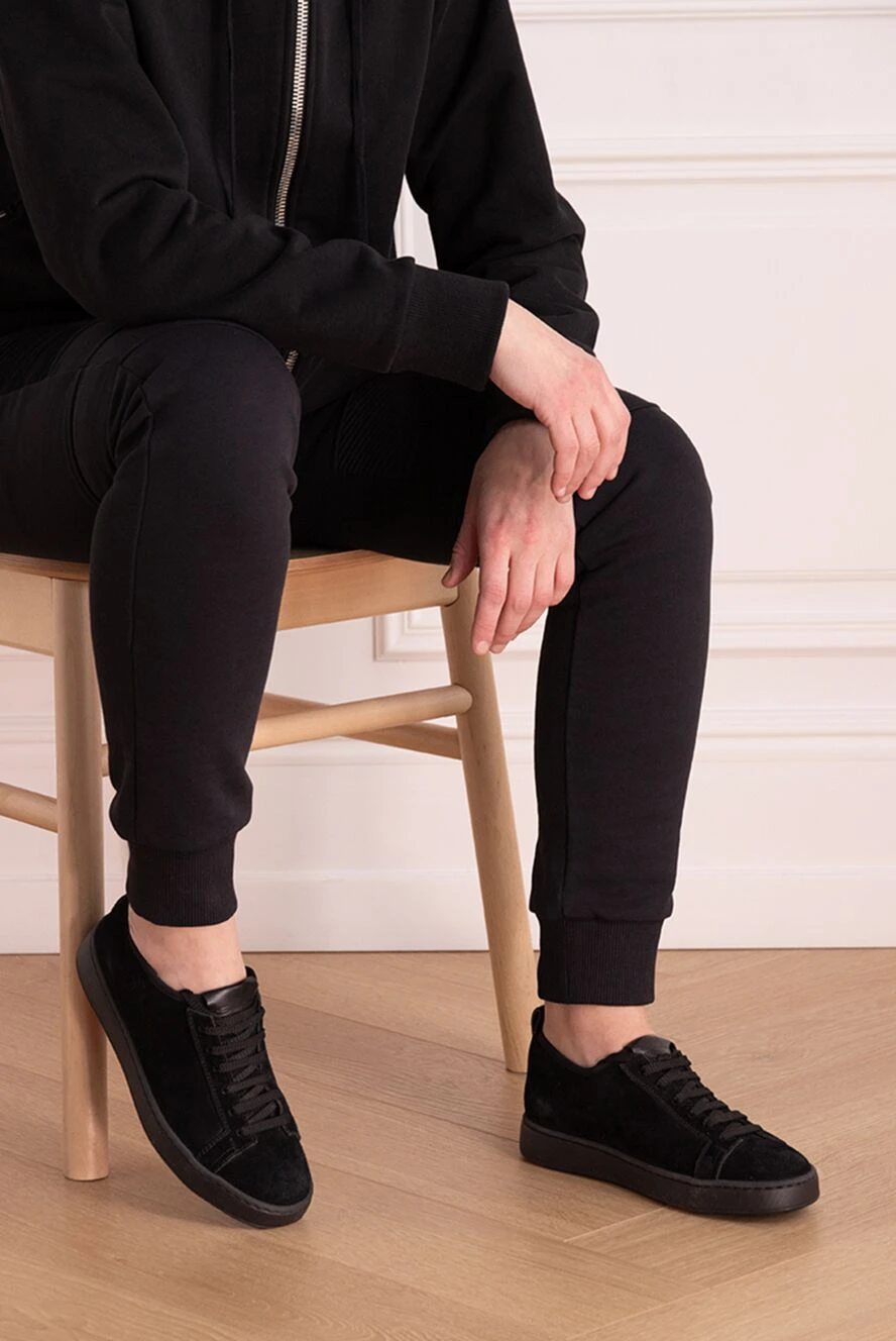Santoni black nubuck sneakers with leather inserts and lacing to
