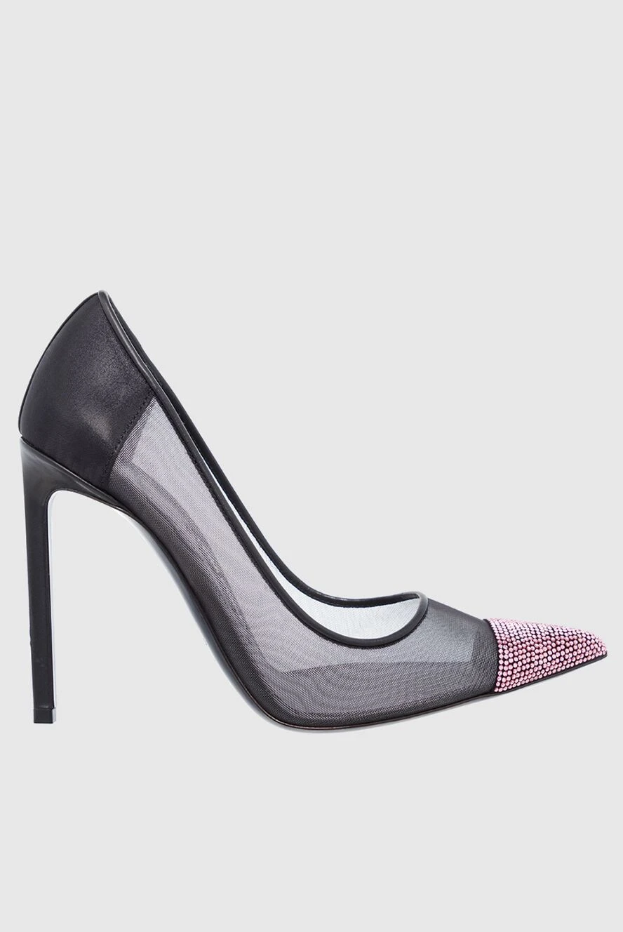 Tom Ford Women's black shoes with mesh and pink rhinestones on the toe - mesh surface, rhinestones on the toe. textile, leather. Heel height: 11 centimeters. Country of manufacture: Italy. Care: specialized cleaning - photo 1