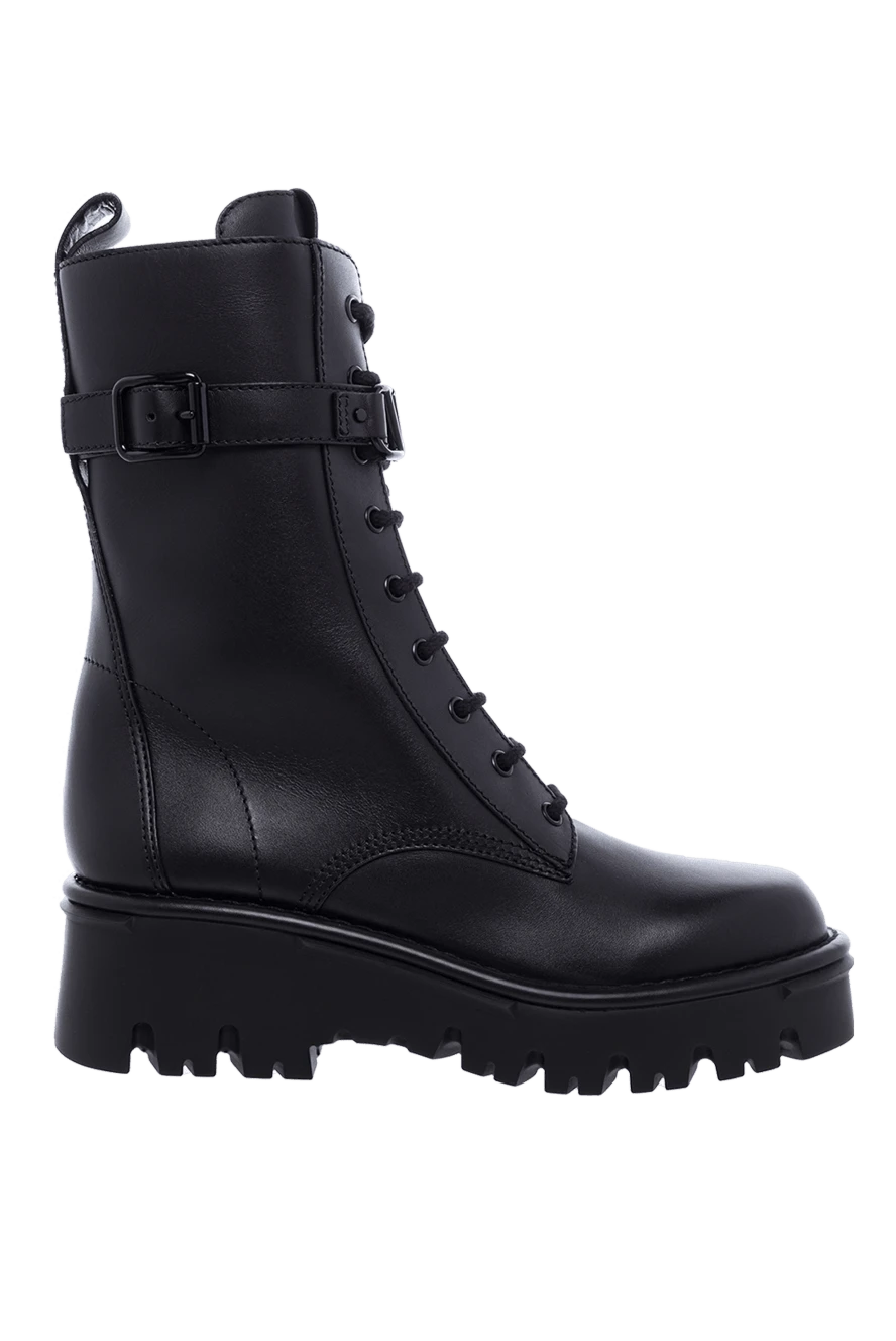 Valentino Women's high black leather boots with a strap and logo - strap with buckle. leather. Sole height: 2 centimeters. lacing. Country of manufacture: Italy. Care: specialized cleaning - photo 1