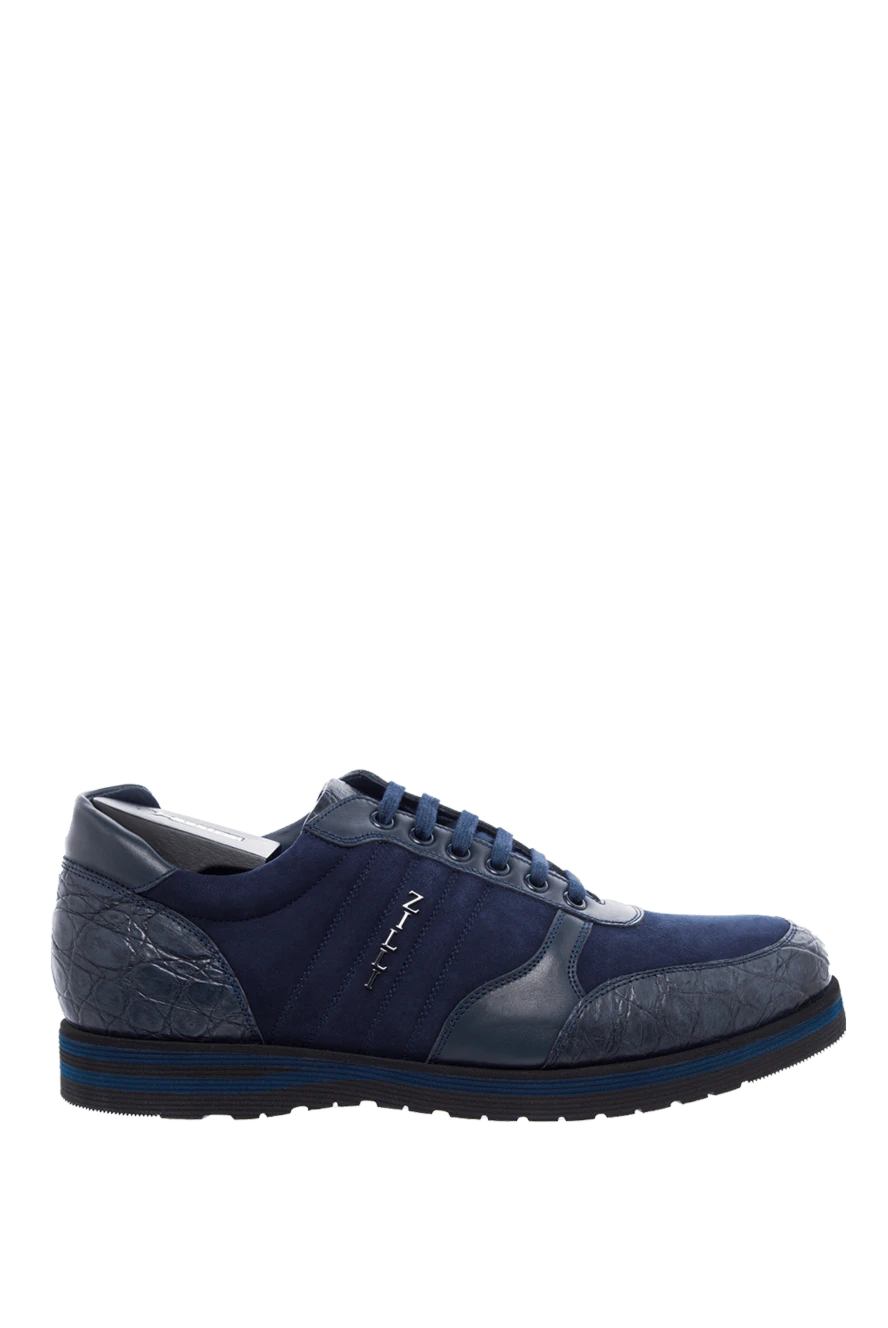 Zilli Sneakers in crocodile leather and nubuck blue for men - Decor: contrast sole, logo. Composition: crocodile leather, nubuck. Clasp: lacing. Sole: platform height 2cm. Country of manufacture: Italy. Care: specialized cleaning - photo 1