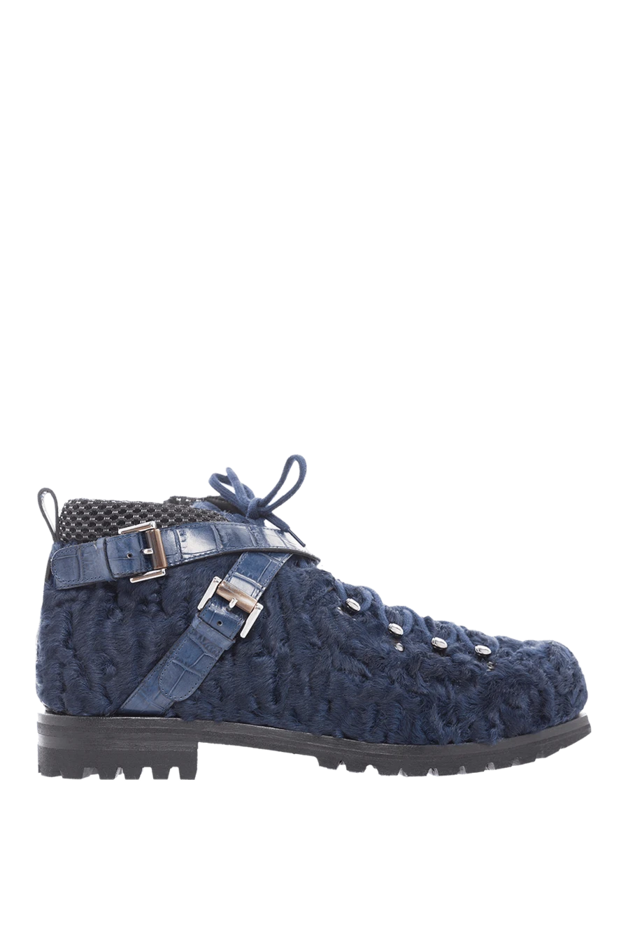 Santoni Men's crocodile leather and doodle blue boots - Textured leather, straps. 80% broadtail, 20% crocodile skin. Lacing, hooks. Sole Height: 1.5cm. Outsole: Other materials. Country of manufacture: Italy. Care: specialized cleaning - photo 1