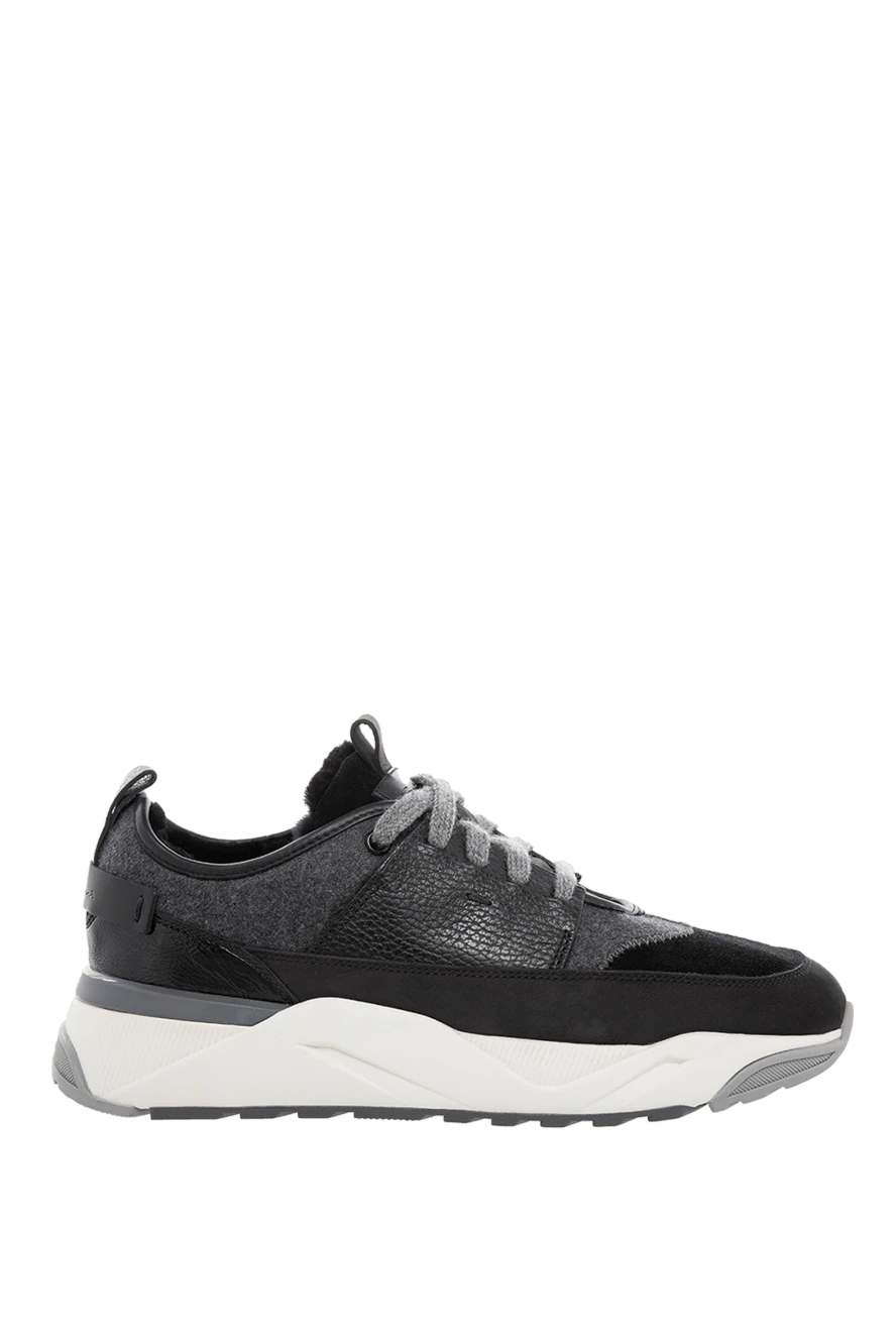 Santoni Black sneakers for women - contrasting sole, inserts. nubuck, leather, fur. lacing. Country of manufacture: Italy. Care: specialized cleaning - photo 1