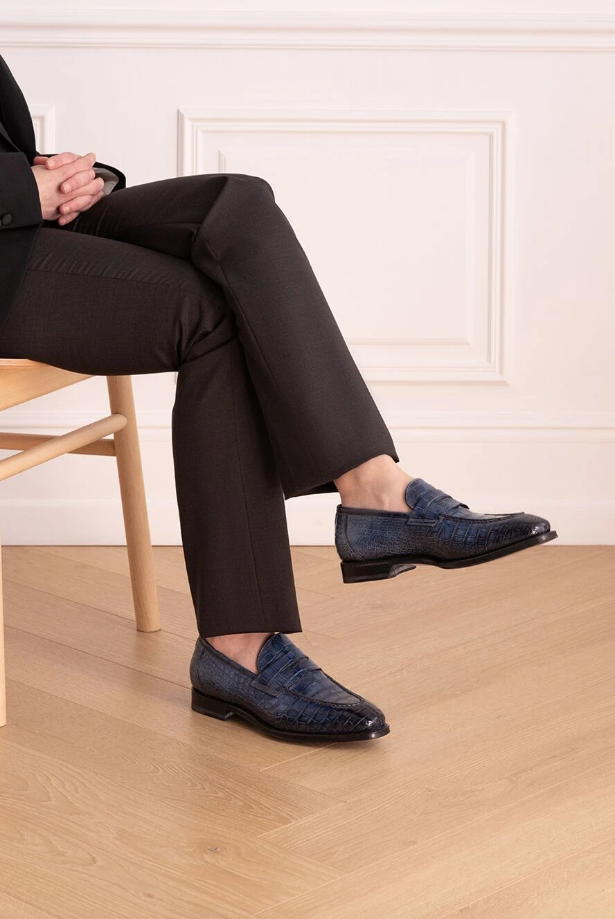 Santoni men's crocodile leather loafers blue and black with glossy