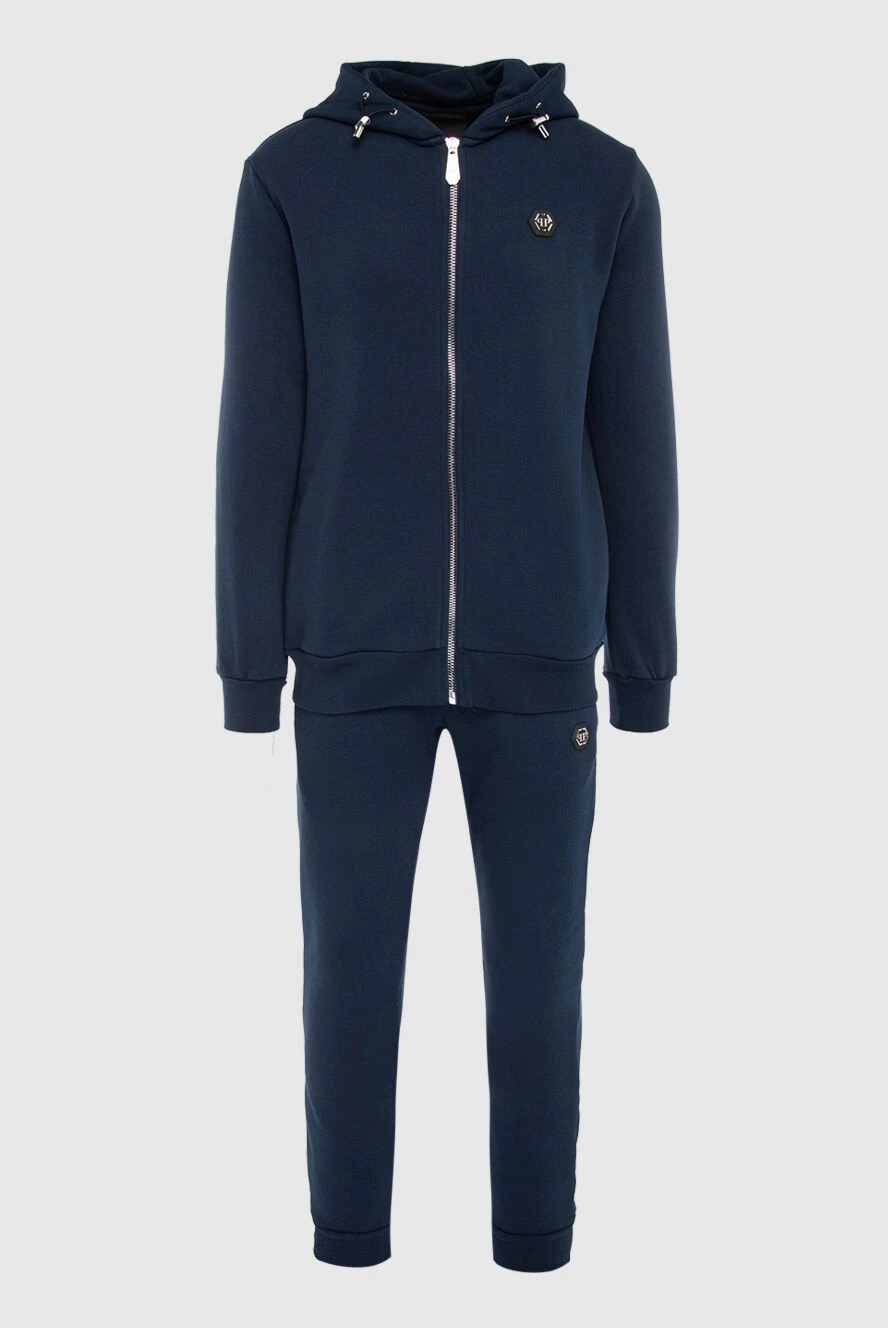 Philipp Plein Men's sports suit made of cotton and polyester, blue - Decor: Brand Logo Patch. Additionally: Hood. Composition: 88% cotton 12% polyester. Closure: Drawstring, zipper. Pockets: Four side pockets. Country of manufacture: Italy. Care: specialized cleaning - photo 1