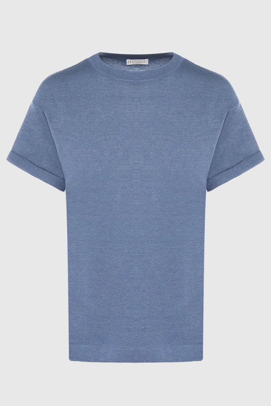 Brunello Cucinelli Women's blue cotton T-shirt with cuffed sleeves - 51% cashmere, 22% silk, 20% polyamide, 7% polyester. Country of manufacture: Italy. Care: specialized cleaning - photo 1