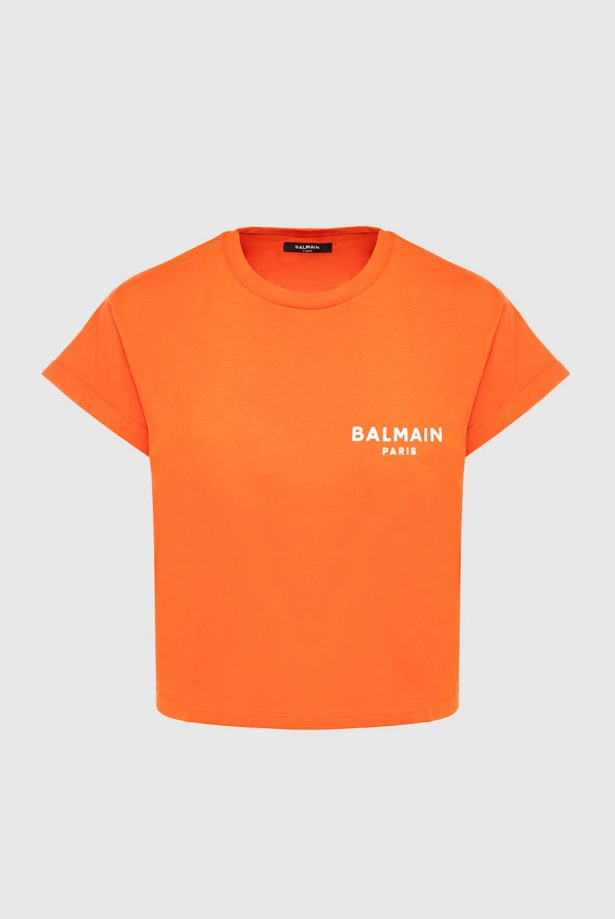 Balmain Orange cotton T-shirt for women - logo, free cut. 100% cotton. Country of manufacture: Italy. Care: specialized cleaning - photo 1