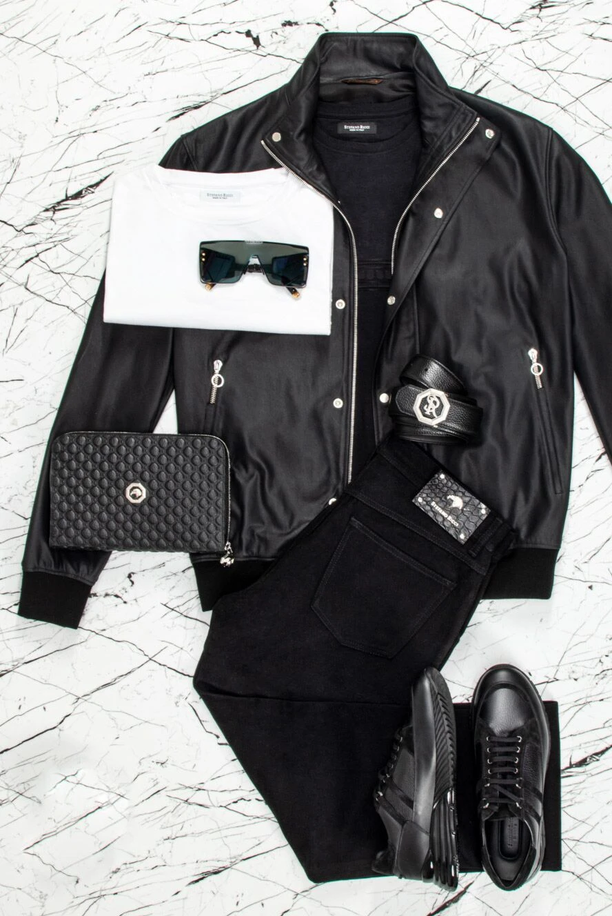 Seraphin mens black leather jacket with high collar and concealed