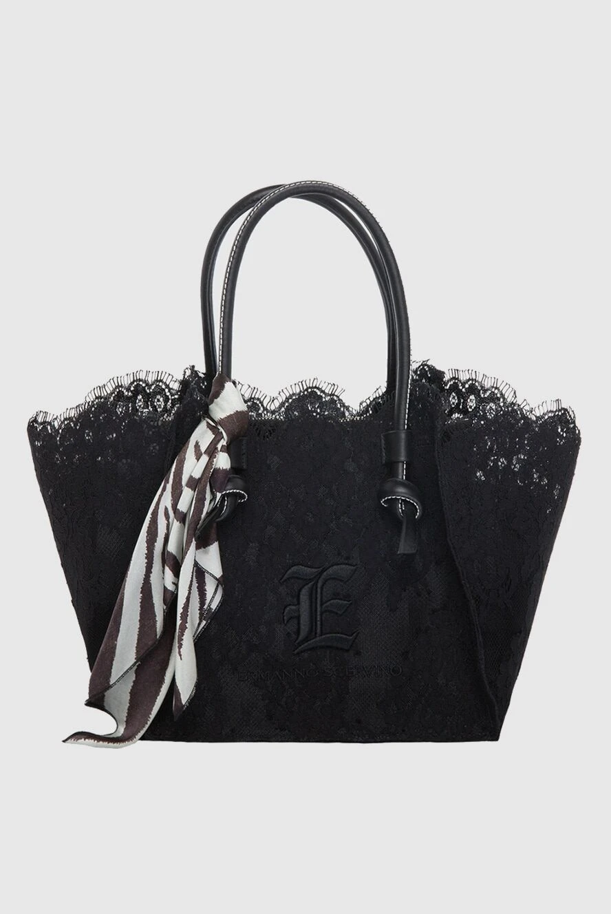 Ermanno Scervino Black women's tote bag with lace and a handkerchief - logo, lace. zipper. 74% polyamide, 13% viscose, 12% cotton. Country of manufacture: Italy. Care: specialized cleaning - photo 1