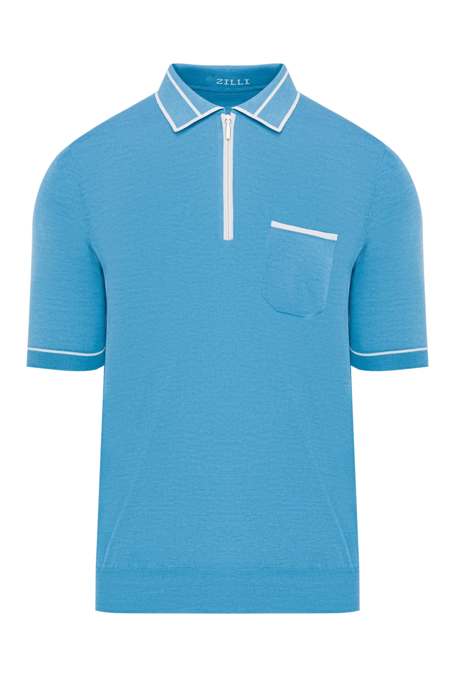 Zilli Поло голубое с контрастной отделкой мужское - Контрастный воротник и манжеты. 80% шёлк, 20% хлопок. Молния. Страна производитель: Франция. Уход: специализированная чистка - фото 1