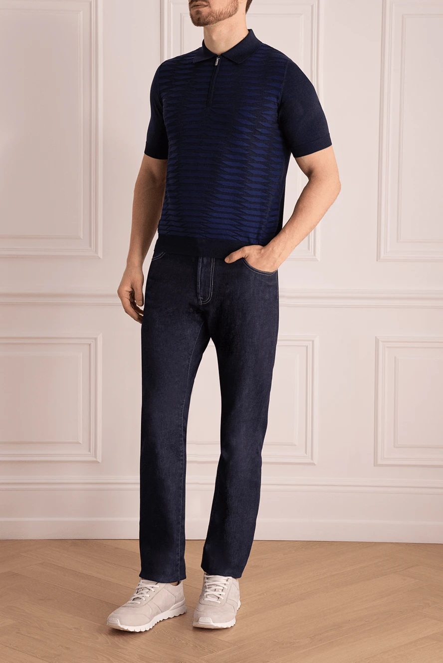 Zilli dark blue polo shirt with embossed wave pattern for men