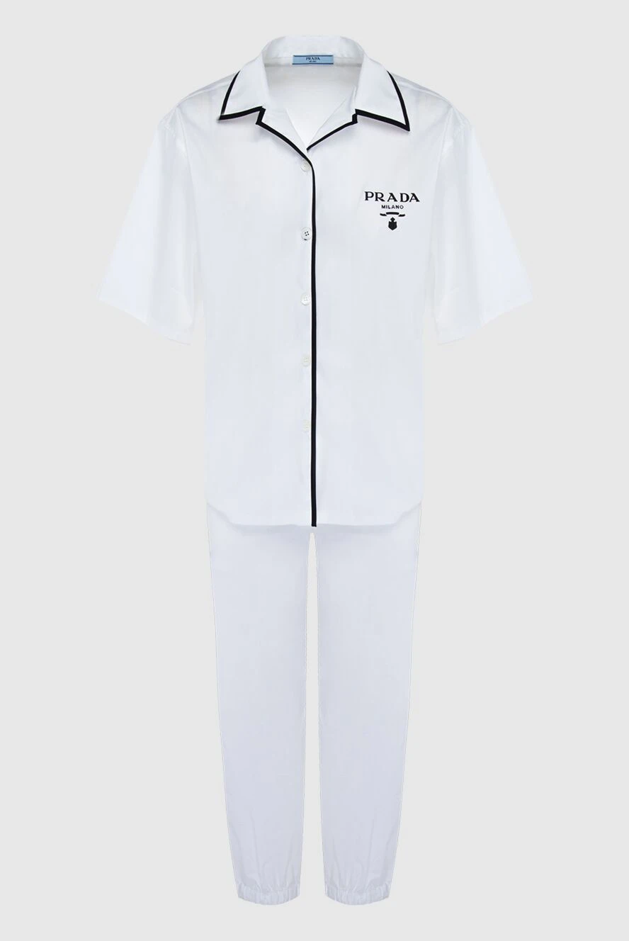 Prada White women's trouser suit made of viscose and elastane - contrast edging, logo. 79% cotton, 21% polyamide. Closure: buttons. Country of manufacture: Italy. Care: specialized cleaning - photo 1
