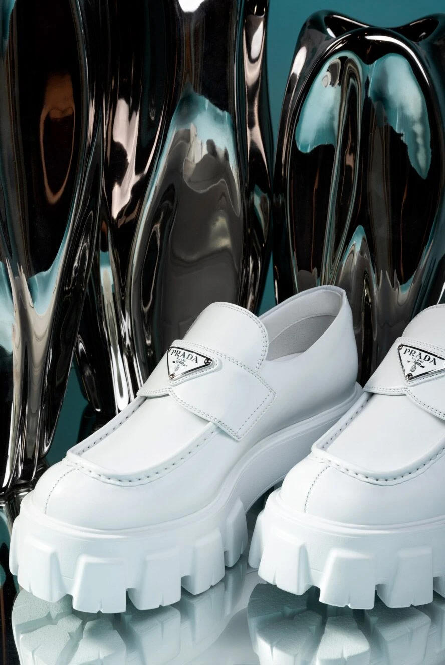 Prada loafers women's leather with chunky sole and logo white