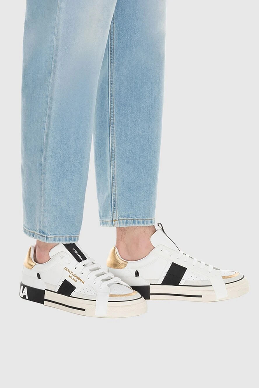 Dolce & Gabbana white leather sneakers with gold insert and
