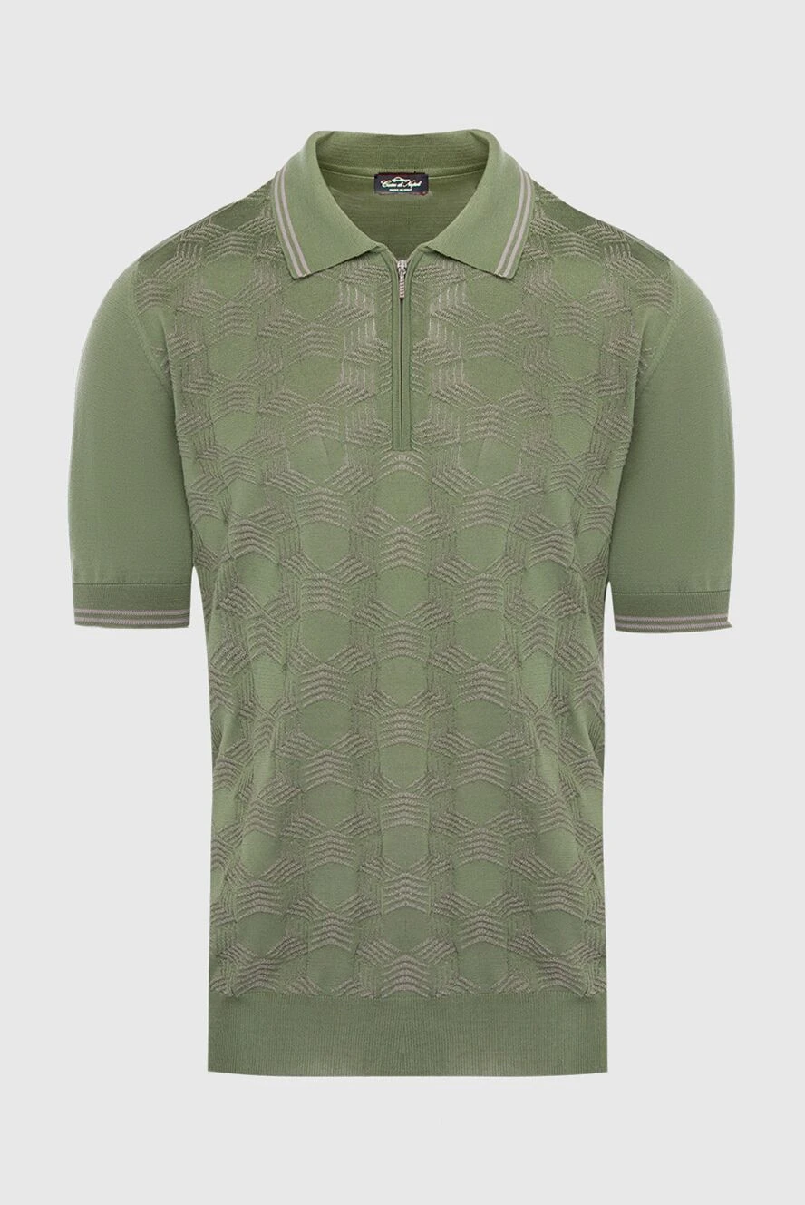 Cesare di Napoli Silk polo green for men - Textured pattern, contrasting stripes on the collar and cuffs. 100% silk. Closure: Zipper. Country of manufacture: Italy. Care: specialized cleaning - photo 1