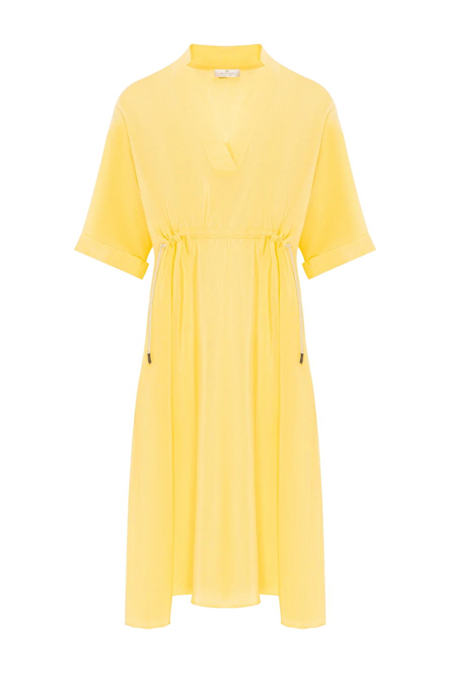 Panicale Yellow viscose and silk dress for women - drawstring at the waist. V-neck. 65% viscose, 35% silk. Country of manufacture: Italy. Care: specialized cleaning - photo 1