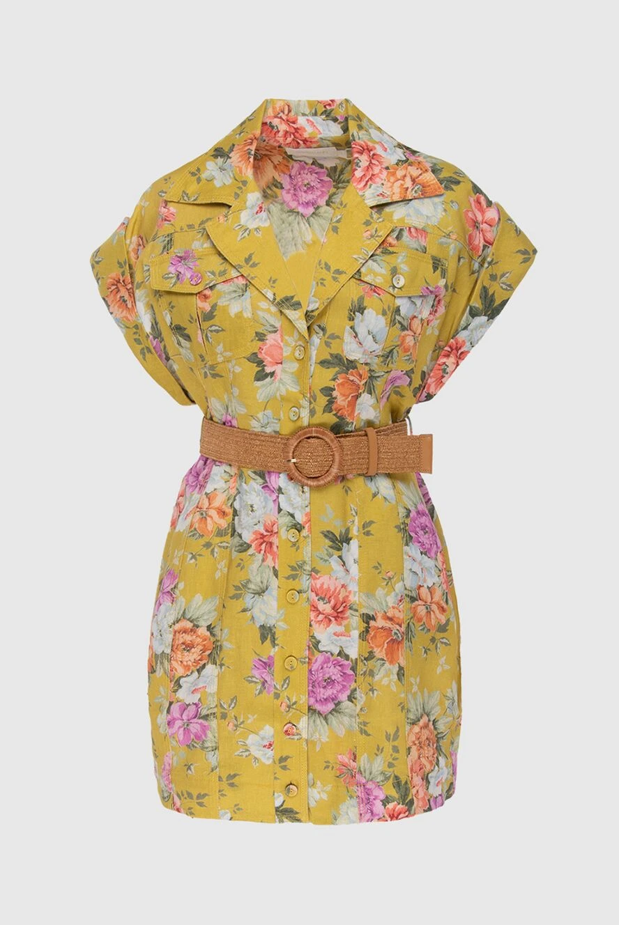 Zimmermann Yellow linen dress for women - buttons, contrasting belt. floral pattern, short sleeves. 100% linen. Country of manufacture: Italy. Care: specialized cleaning - photo 1