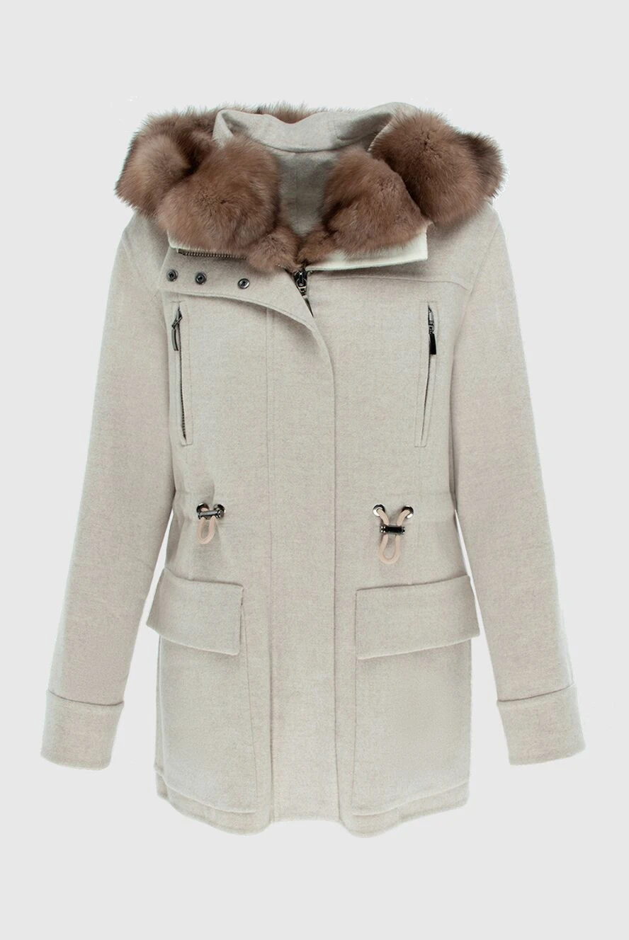 Fabio Gavazzi Beige women's cashmere and sable fur parka - fur hood. hood. natural fur. zipper, drawstring. two side pockets with flaps and two with zippers. Country of manufacture: Italy. Care: specialized cleaning - photo 1