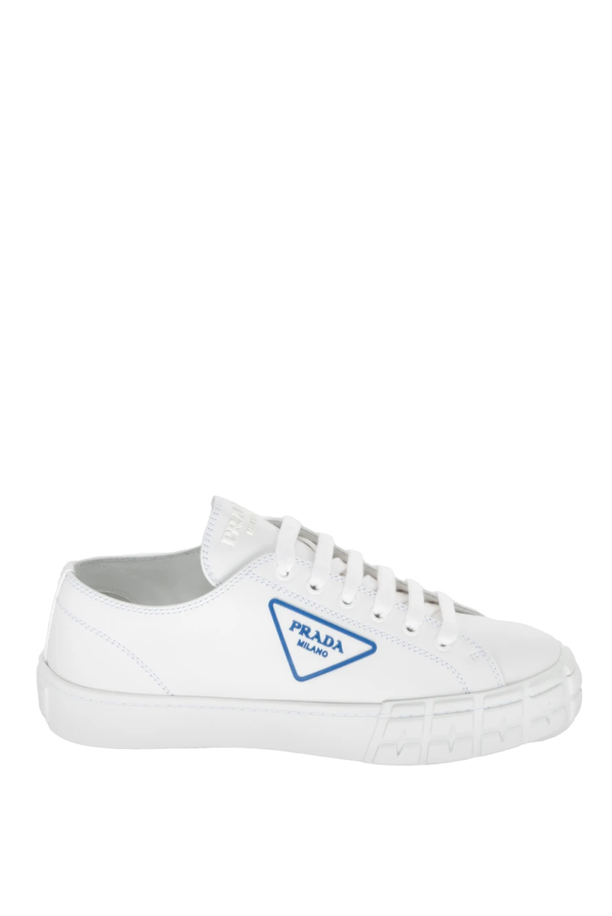 Prada Women's leather sneakers with blue logo in white - logo. leather. lacing. Country of manufacture: Italy. Care: specialized cleaning - photo 1