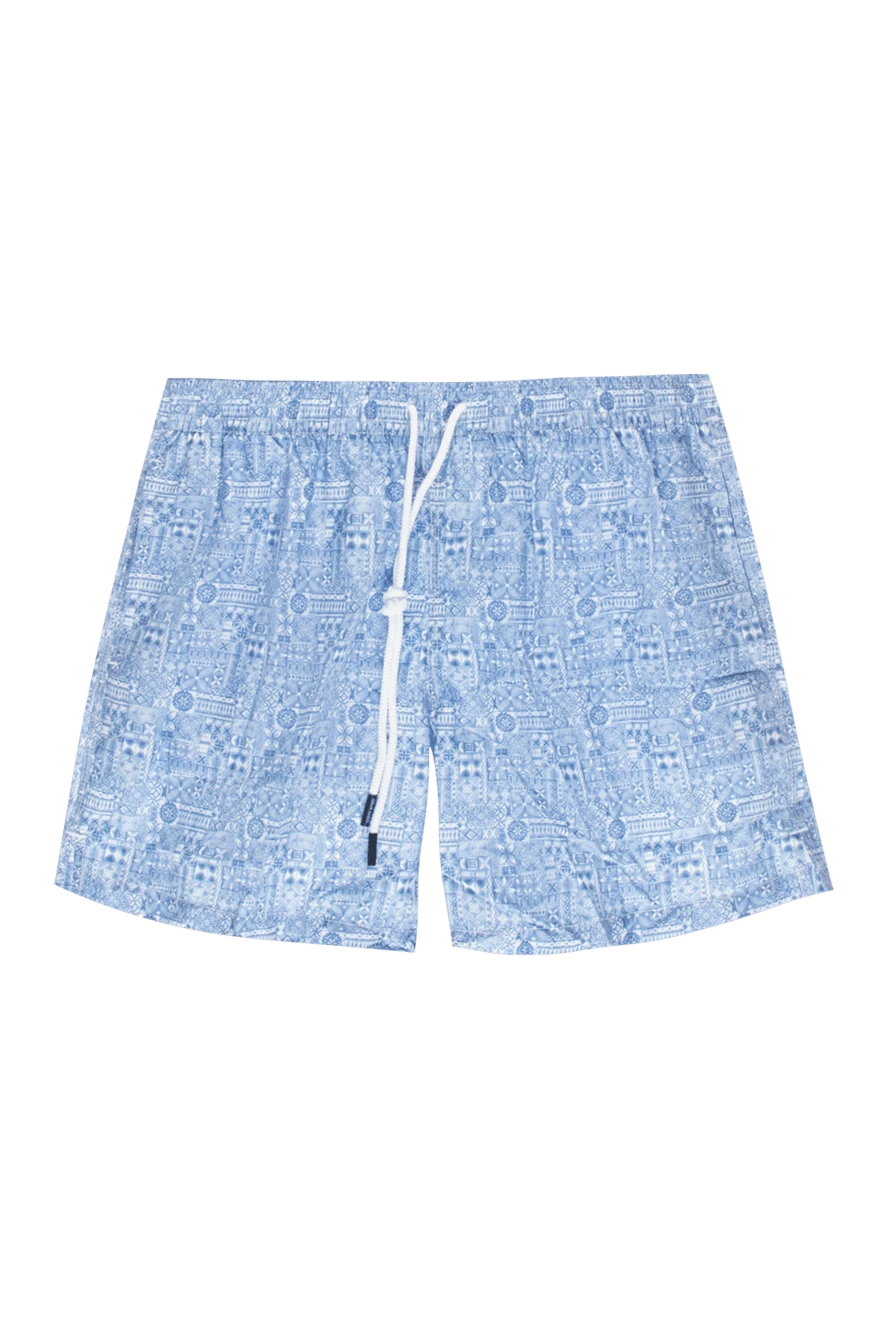 Gran Sasso Blue polyester beach shorts for men - logo patch, patterned print. 100% polyester. Closure Type: Drawstring Elastic Waistband. two pockets, back patch pocket with Velcro flap. Country of manufacture: Italy. Care: specialized cleaning - photo 1