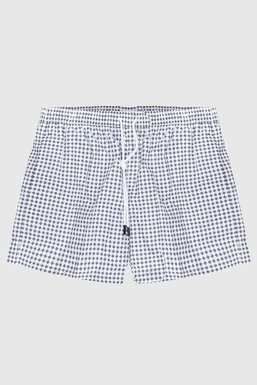 Gran Sasso White polyester beach shorts for men - logo patch, patterned print. 100% polyester. Closure Type: Drawstring Elastic Waistband. two pockets, back patch pocket with Velcro flap. Country of manufacture: Italy. Care: specialized cleaning - photo 1