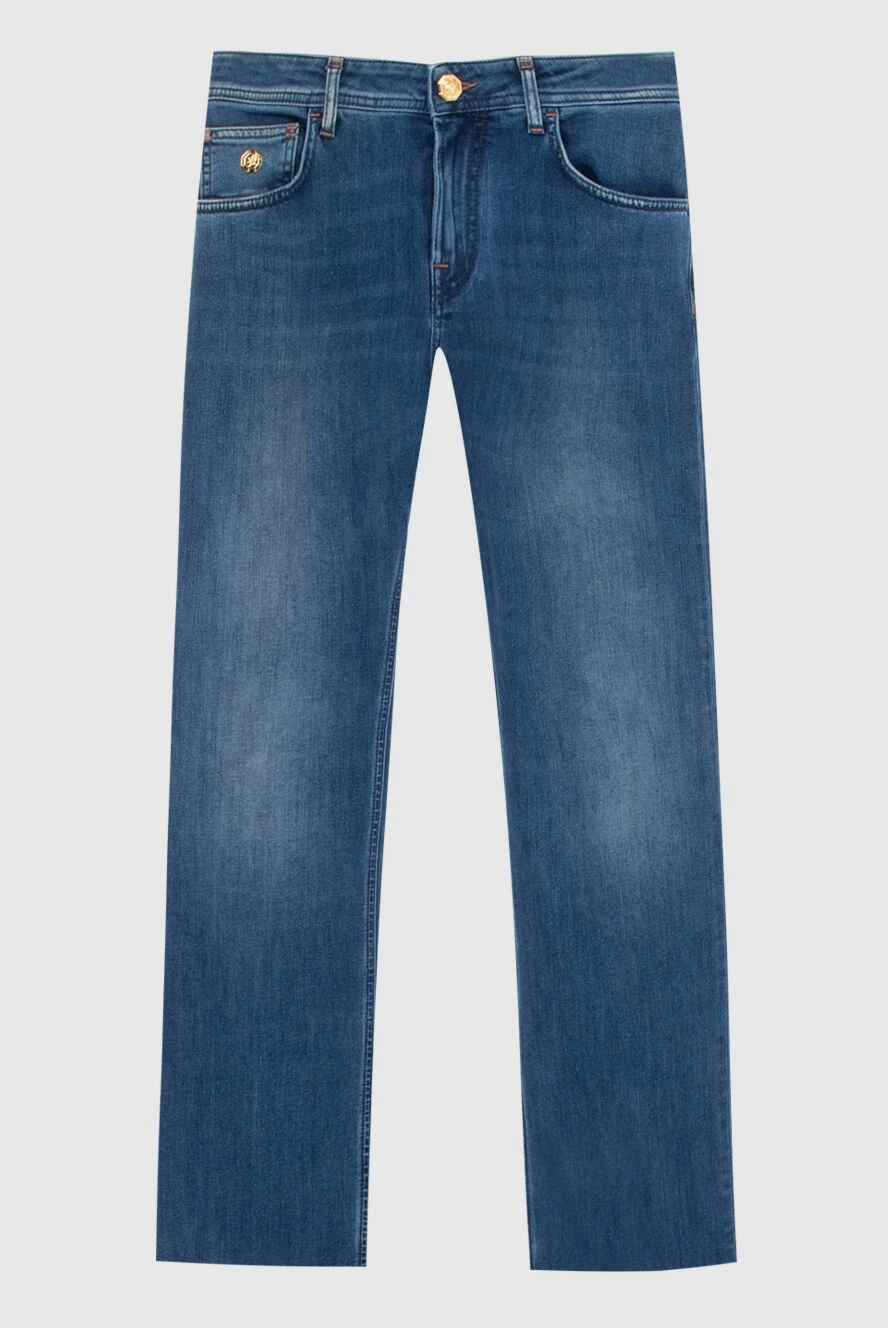 Stefano Ricci Мужские джинсы из синего денима с крупной вышивкой - эффект потертости. 76% хлопок, 14% полиэстер, 8% вискоза, 2% эластан. пуговица, молния. три боковых кармана, два кармана сзади. Страна производитель: Италия. Уход: специализированная чистка - фото 1