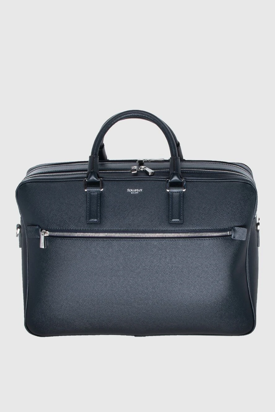 Serapian Blue leather briefcase for men - textured leather, logo. two compartments. 100% leather. side pocket. Fastener: zipper. Country of manufacture: Italy. Care: specialized cleaning - photo 1