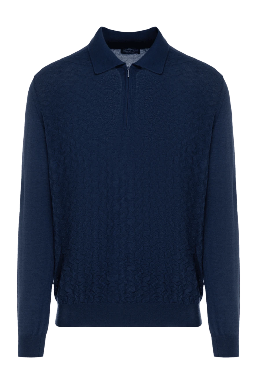 Cesare di Napoli Long-sleeved silk and cashmere polo blue for men - Textured pattern, a combination of two shades. Long sleeve. 70% cashmere, 30% silk. Closure: Zipper. Country of manufacture: Italy. Care: specialized cleaning - photo 1