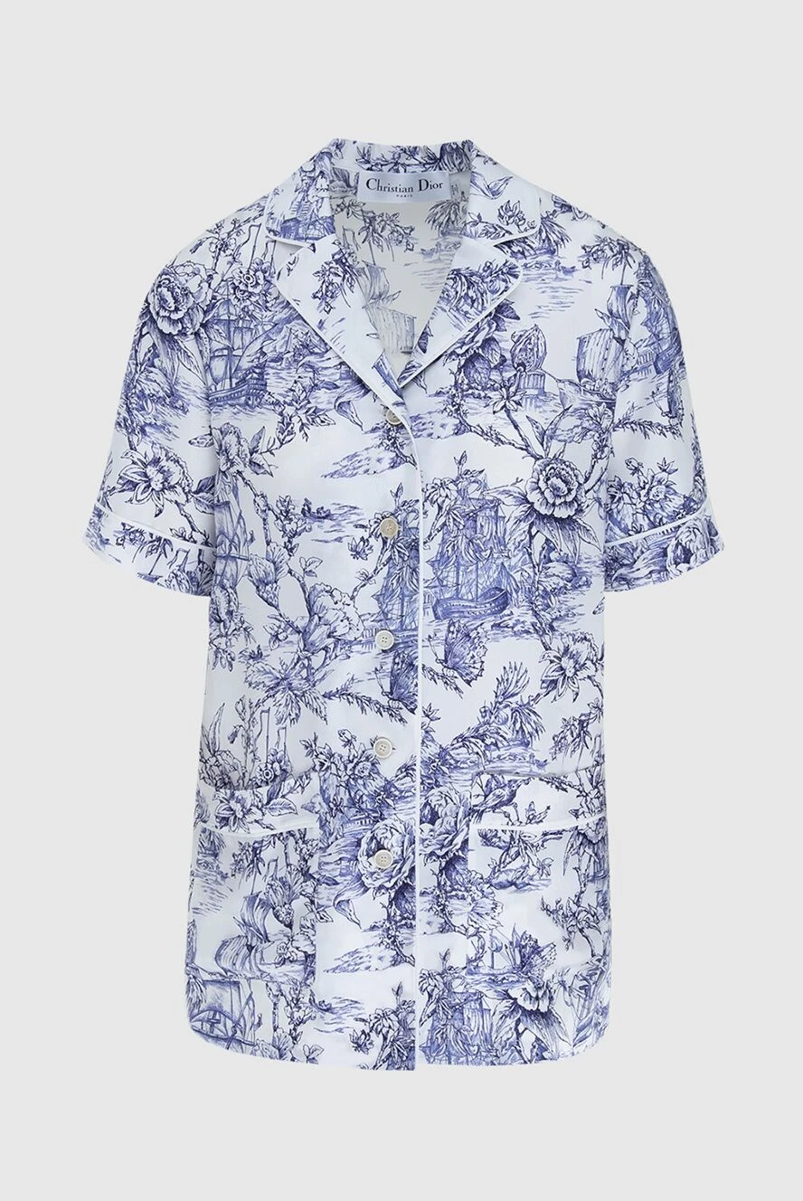 Dior Women's silk blouse with a floral pattern white - short sleeves, blue floral pattern. silk. Country of manufacture: Italy. Care: specialized cleaning - photo 1