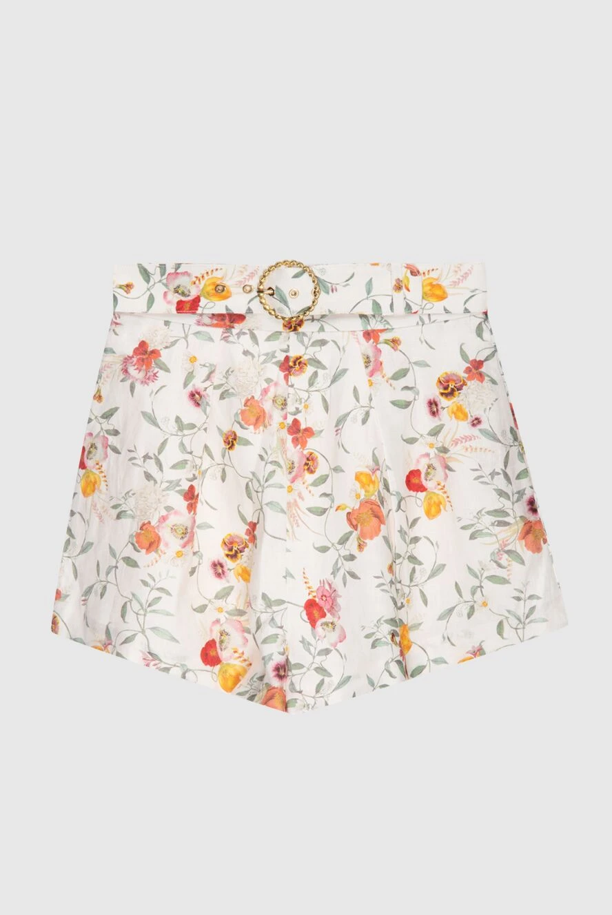 Zimmermann Women's white linen shorts with a floral print belt - decorated buckle, floral print. 100% linen. Fastener: belt. Country of manufacture: Italy. Care: specialized cleaning - photo 1