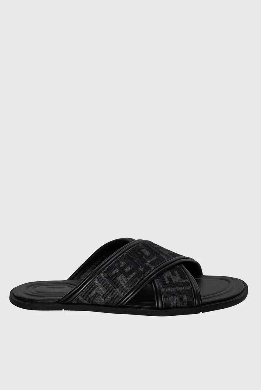 Fendi Men's black leather sandals with logo print - Decoration: logo, open toe. genuine leather. Country of manufacture: Italy. Care: specialized cleaning - photo 1