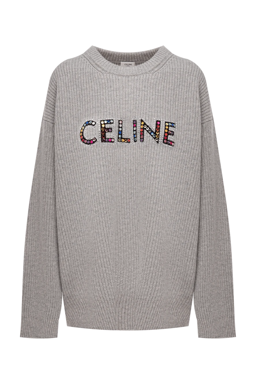 Celine Gray wool sweater for women - logo embroidery with multi-colored rhinestones, loose cut, ribbed finish. 100% wool. Country of manufacture: Italy. Care: specialized cleaning - photo 1