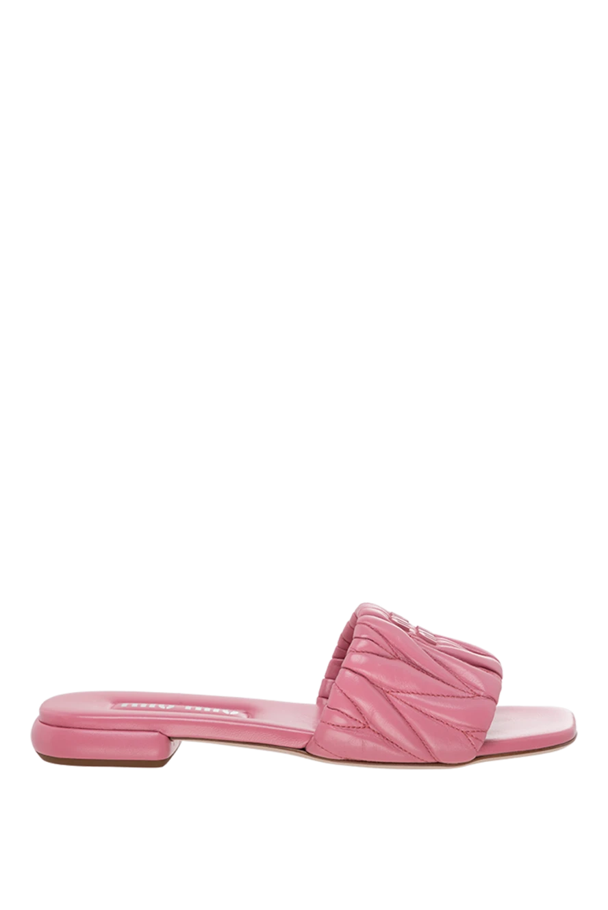 Miu Miu Women's leather slippers with a textured surface and logo, pink - textured surface, brand logo. 100% leather. Country of manufacture: Italy. Care: specialized cleaning - photo 1