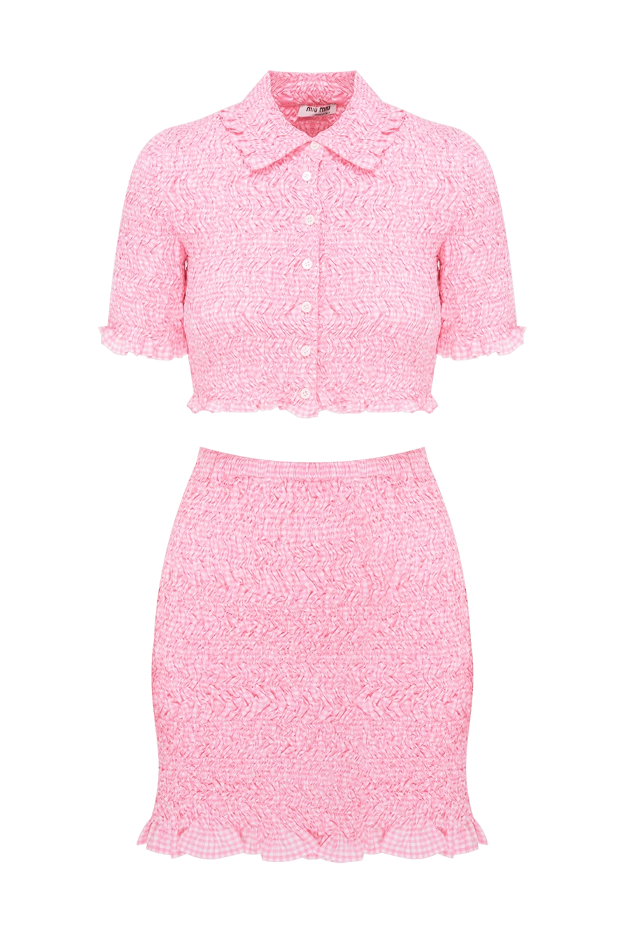 Miu Miu Костюм с юбкой розовый женский - рельефный узор. 98% хлопок, 1% полиамид, 1% эластан. пуговицы. Страна производитель: Италия. Уход: специализированная чистка - фото 1