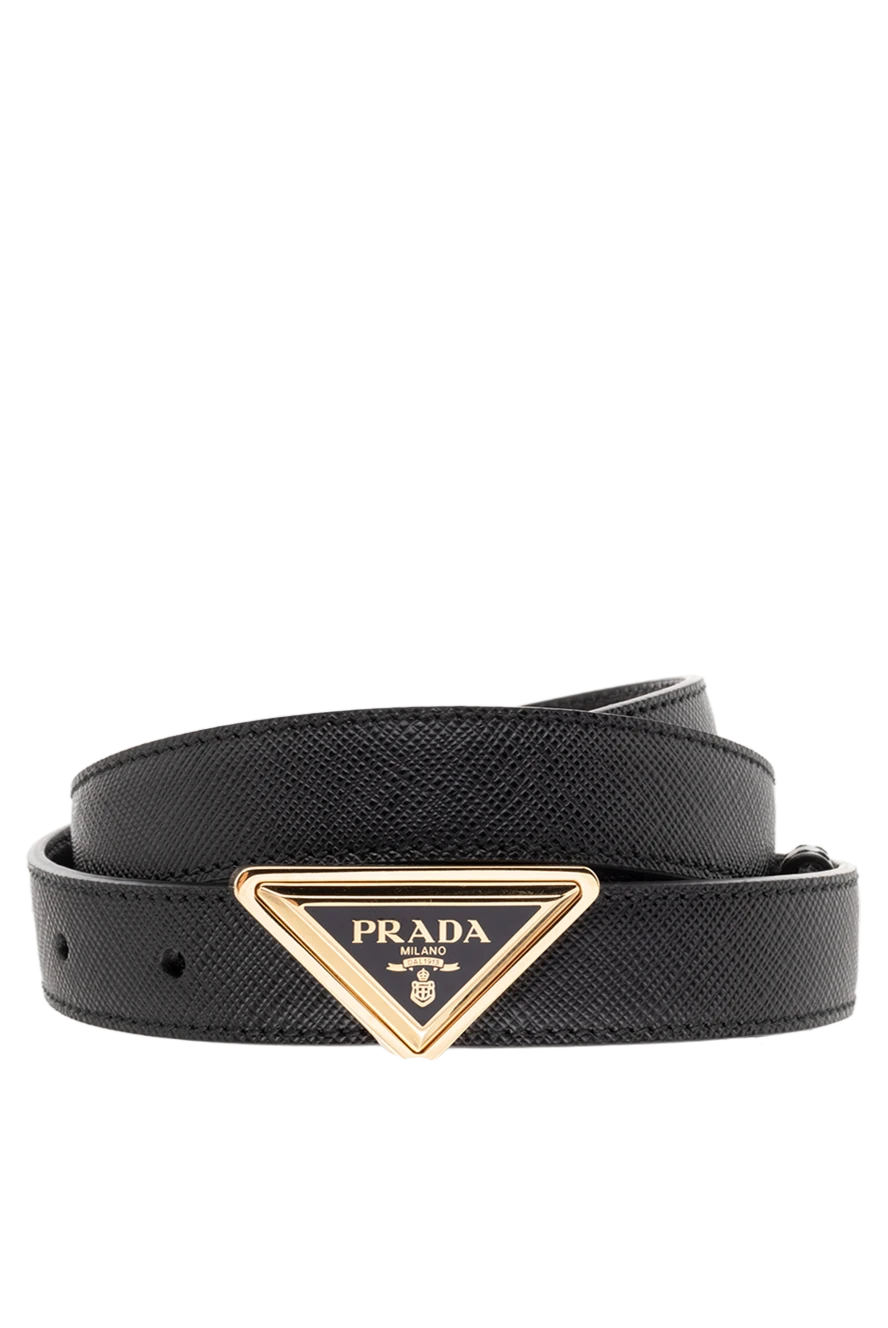 Prada Women's black leather belt with triangular logo buckle - Decoration: gold-plated buckle with logo. genuine leather. buckle. Country of manufacture: Italy. Care: specialized cleaning - photo 1